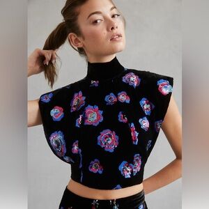 Floral Sequin Embroidered Black Crop Top